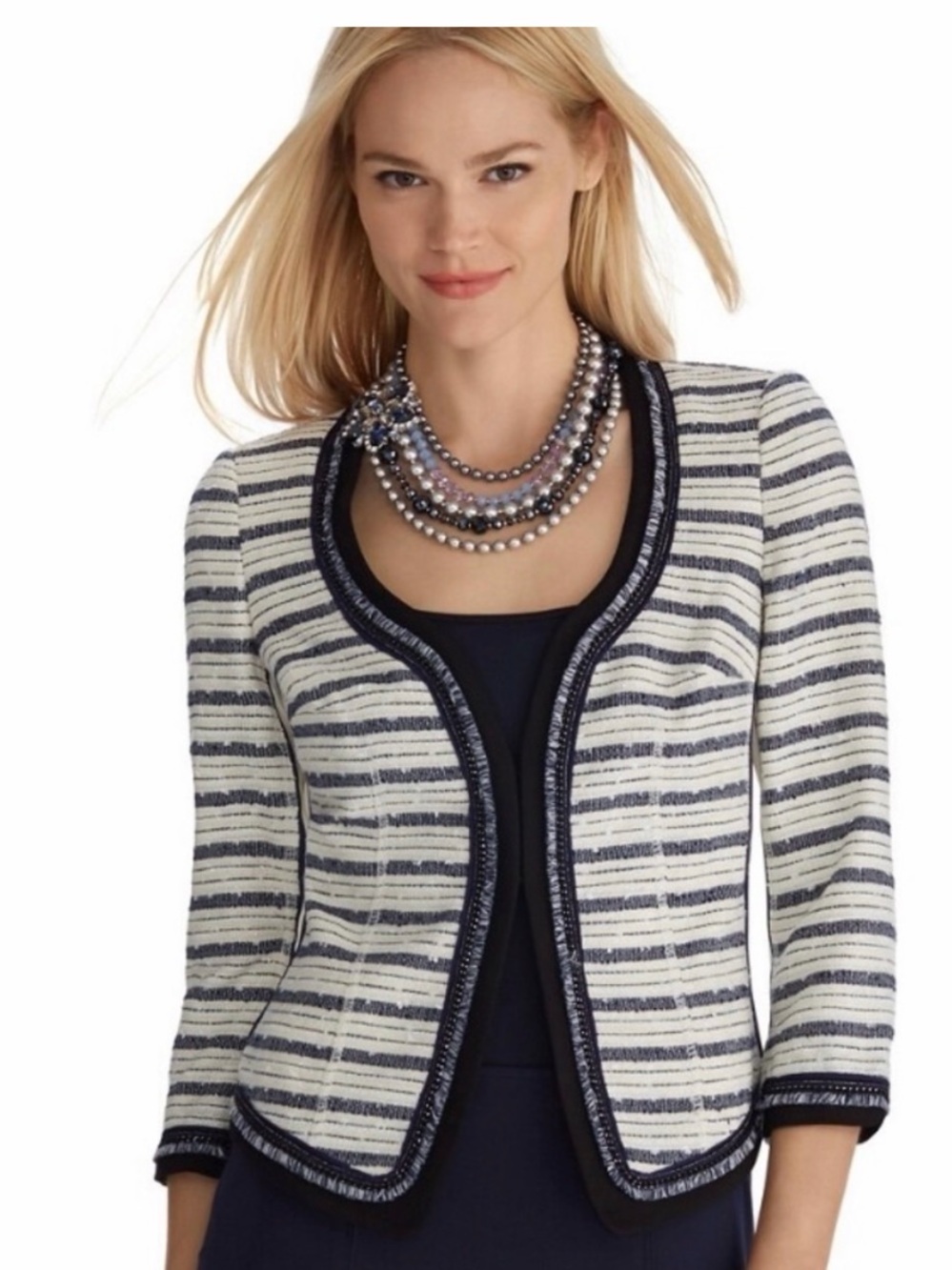 White House Black Market Navy & White Striped Tweed Open-Front Jacket